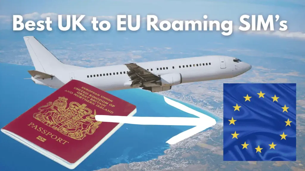 Plane in the sky with beach and coast below and sea, with an arrow pointing from a british passport to a eu flag